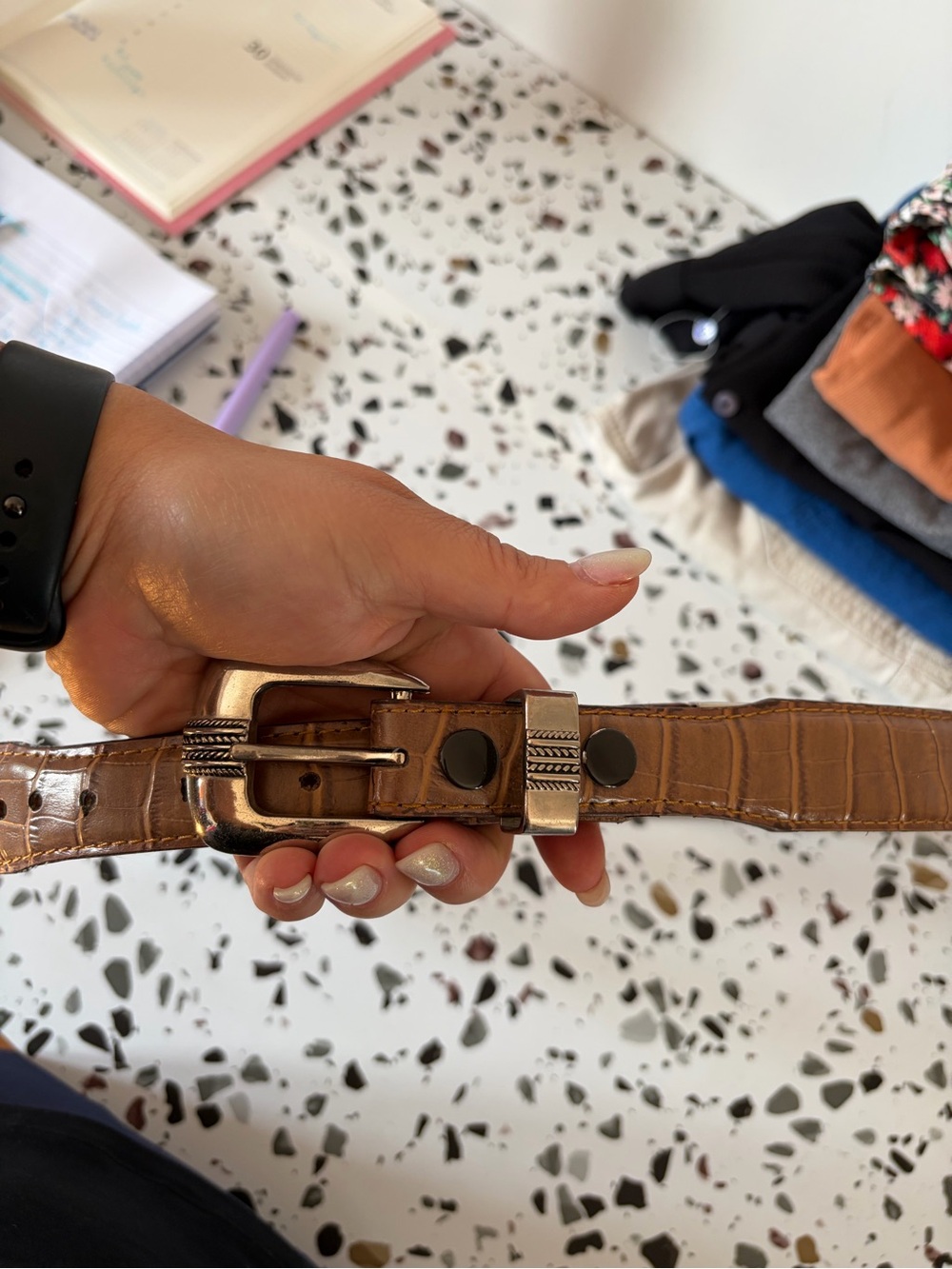 Leather Croc-Embossed Brown Belt with Decorative Buckle